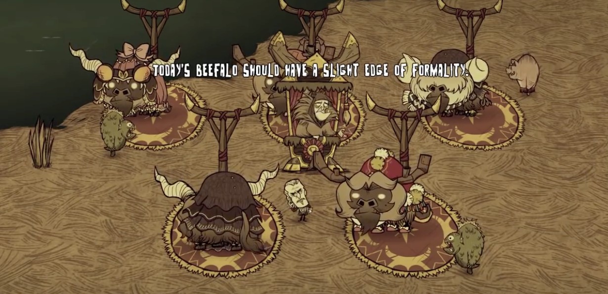 A beefalo causing chaos in a player's base