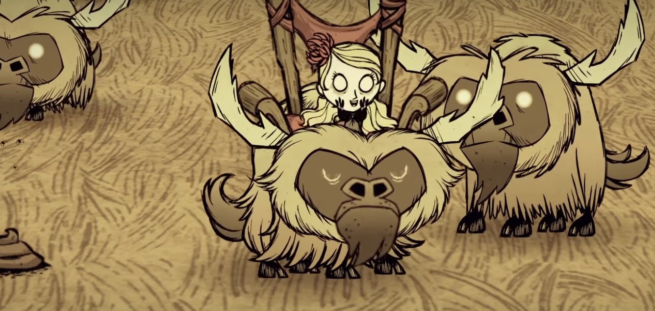 A beefalo hitched at the Grooming Station