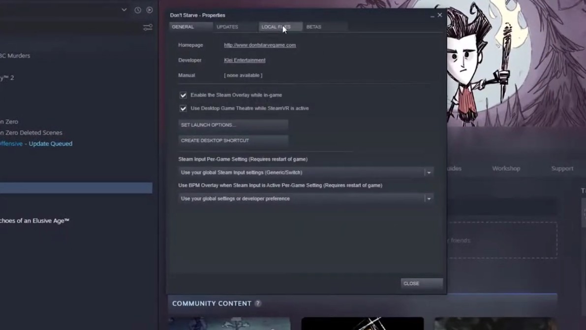 Screenshot of the Steam properties window showing the Local Files tab