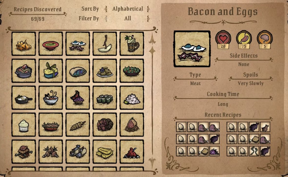 A player preparing for winter with a stockpile of Bacon and Eggs