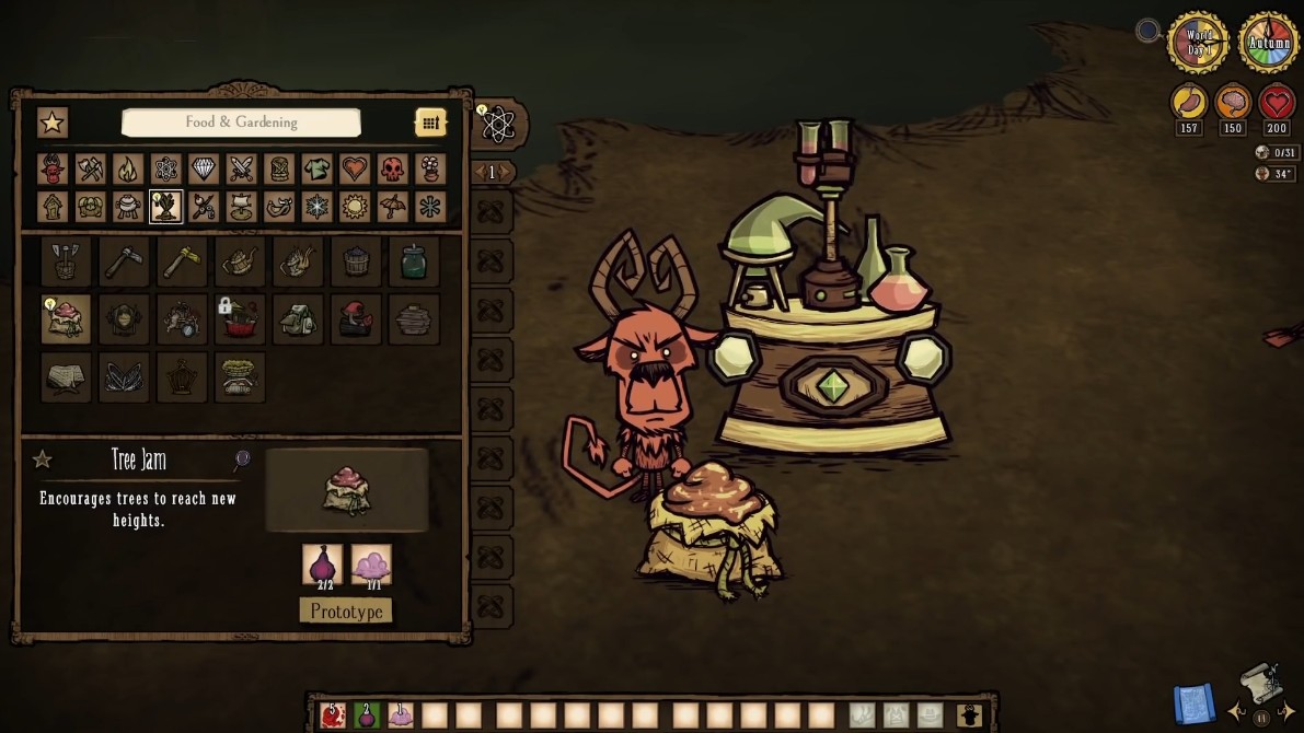 Don't Starve Together에서 플레이어가 묘목에 Tree Jam을 적용하는 모습