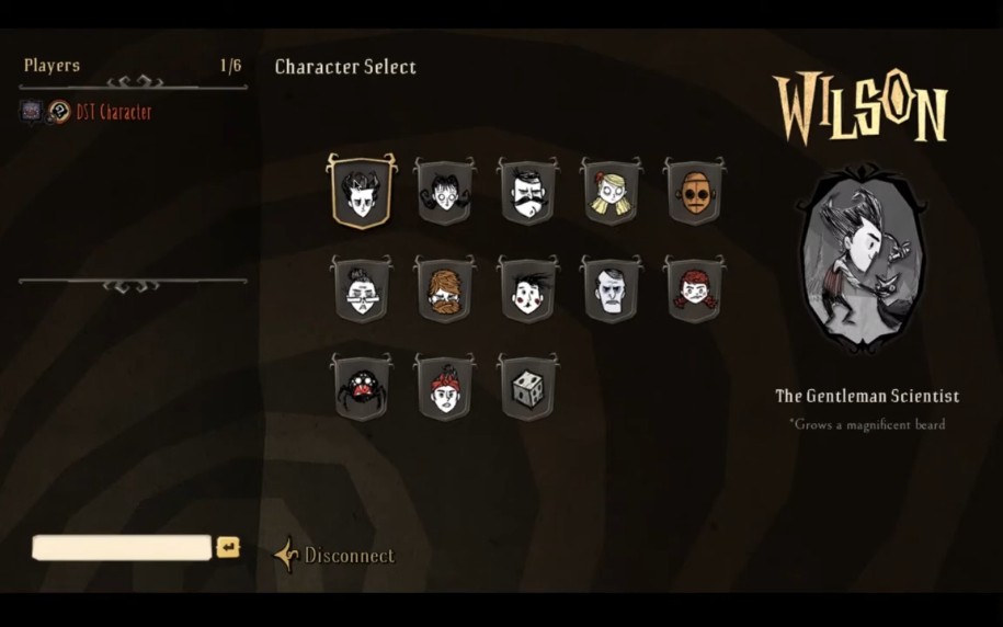 The character selection screen in Don't Starve Together