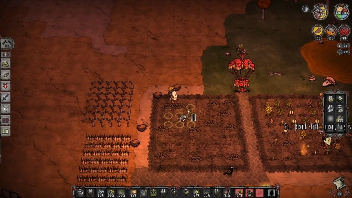 A player harvesting mature crops in Don't Starve Together.