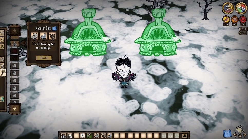 A player using the Masonry Oven to cook during Winter's Feast.