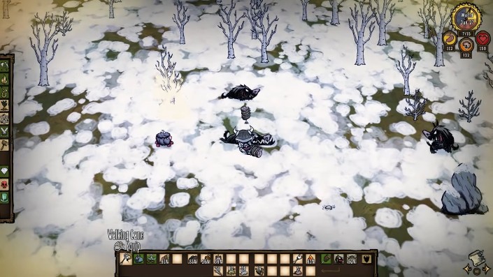 A character in Don't Starve Together wearing winter clothing and holding a thermal stone.
