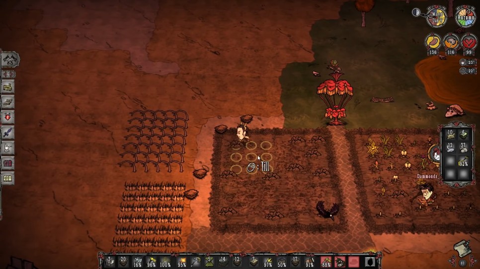 A player planting seeds in the tilled soil.