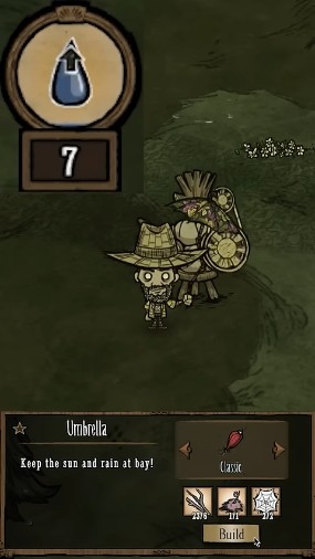 A character wearing a football helmet and using an umbrella in Don't Starve Together