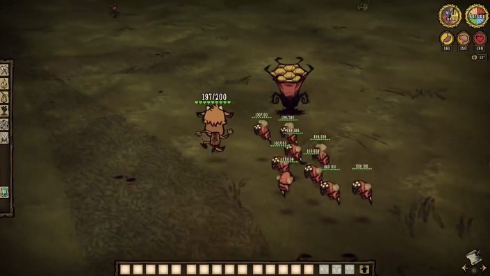 A player collecting bee stingers from a hive in Don't Starve Together