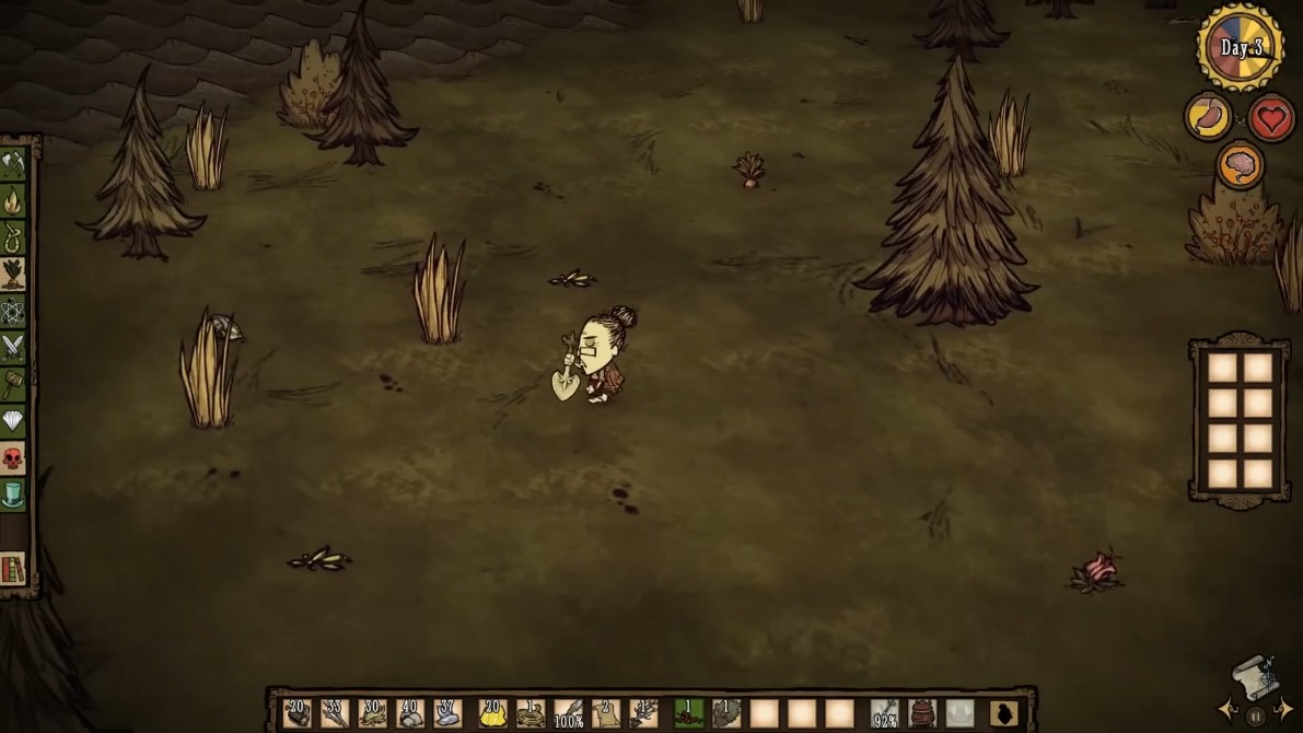 Wickerbottom exploring the wilderness in Don't Starve