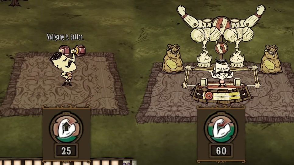 Comparison of Wolfgang with other characters in Don't Starve Together