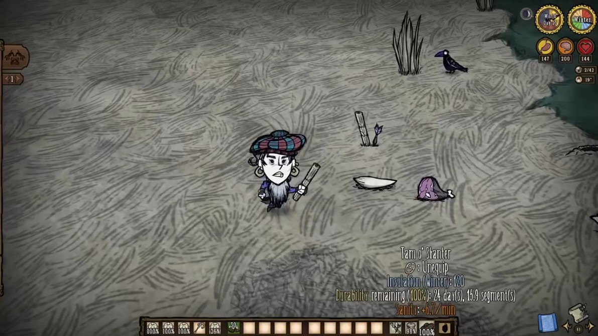 Crafting materials for the Feather Hat including Crow Feathers, Redbird Feathers, and Tentacle Spots