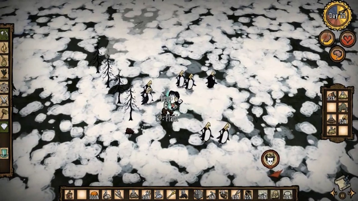 Illustration of a tree torch trap set around a pengull colony