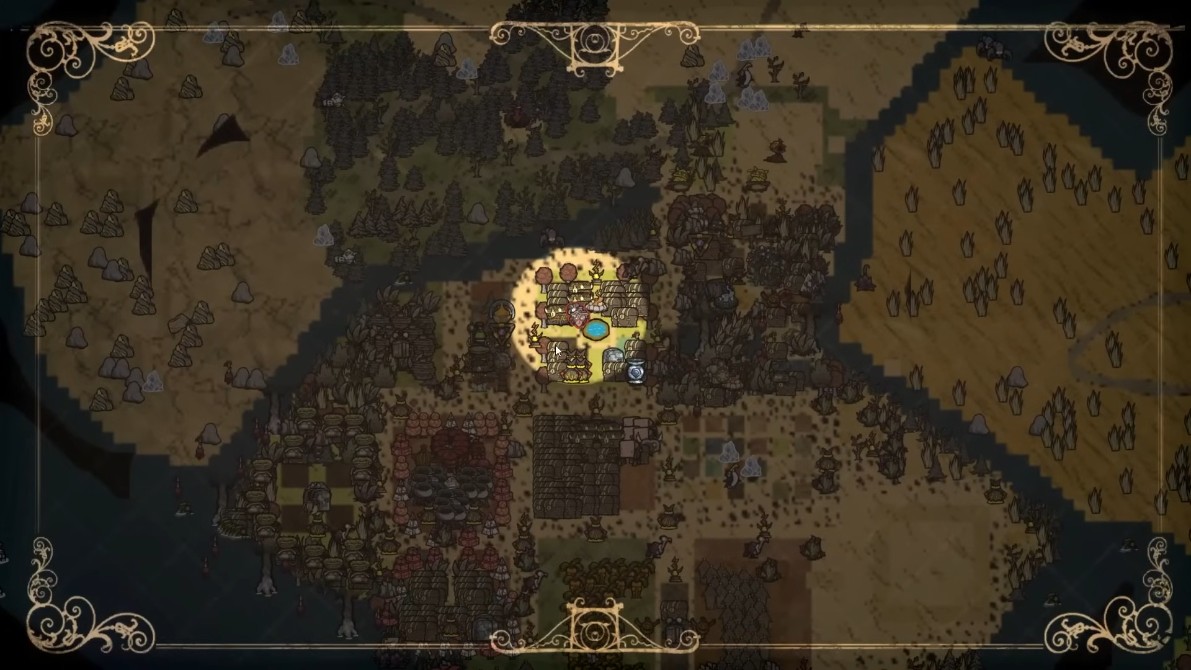 ฐานโอเอซิสที่ออกแบบมาอย่างสวยงามป้องกันจากไฟป่าใน Don't Starve Together